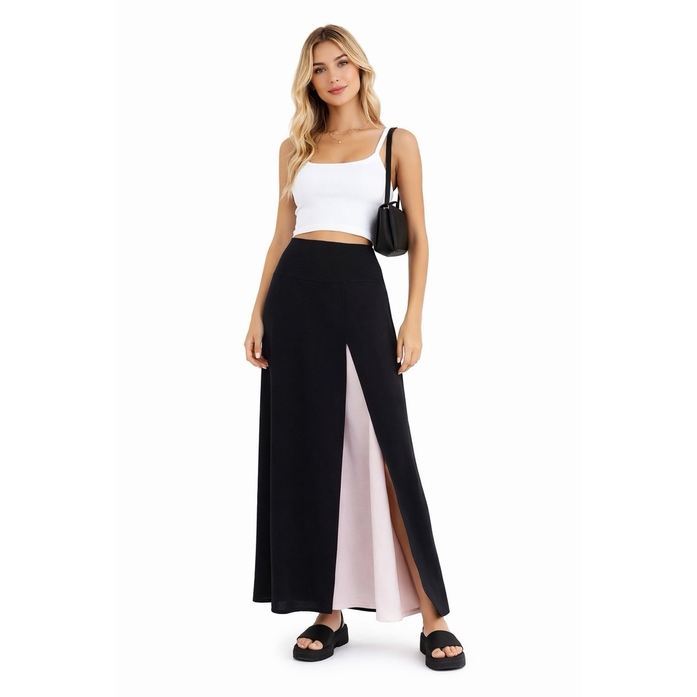 Vintage Harve Bernard Maxi Skirt 8 Black Pink Slit Fairy Grunge Y2K Boho Chic‎